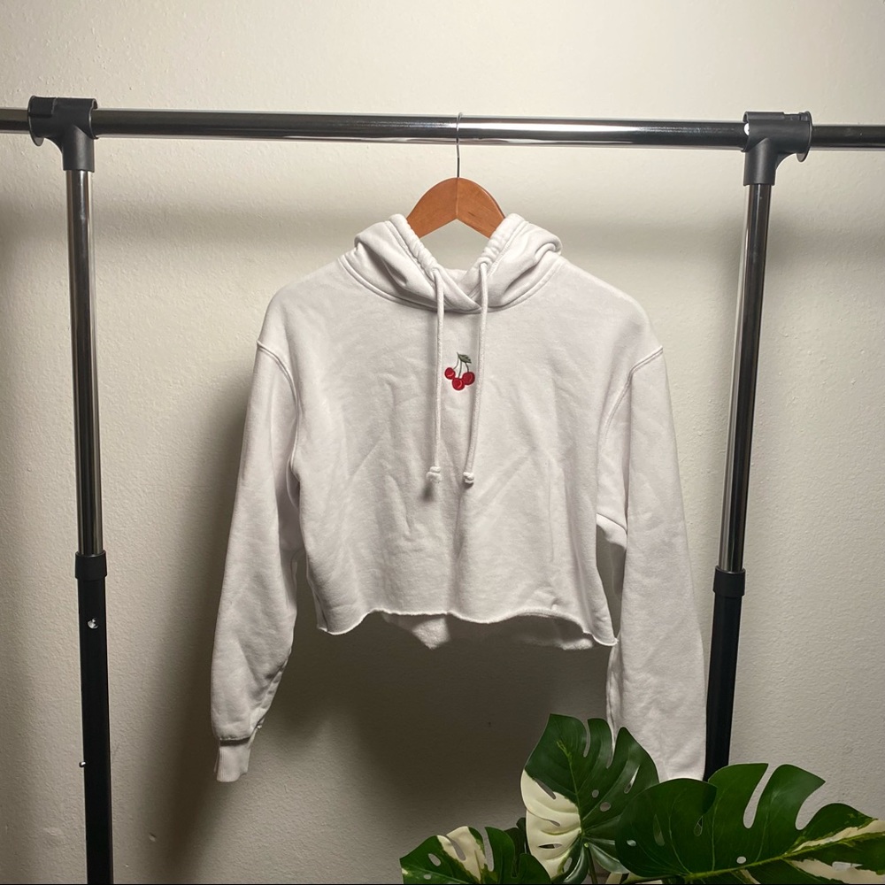 Hollister Crop Cherry Embroidered White Sweater